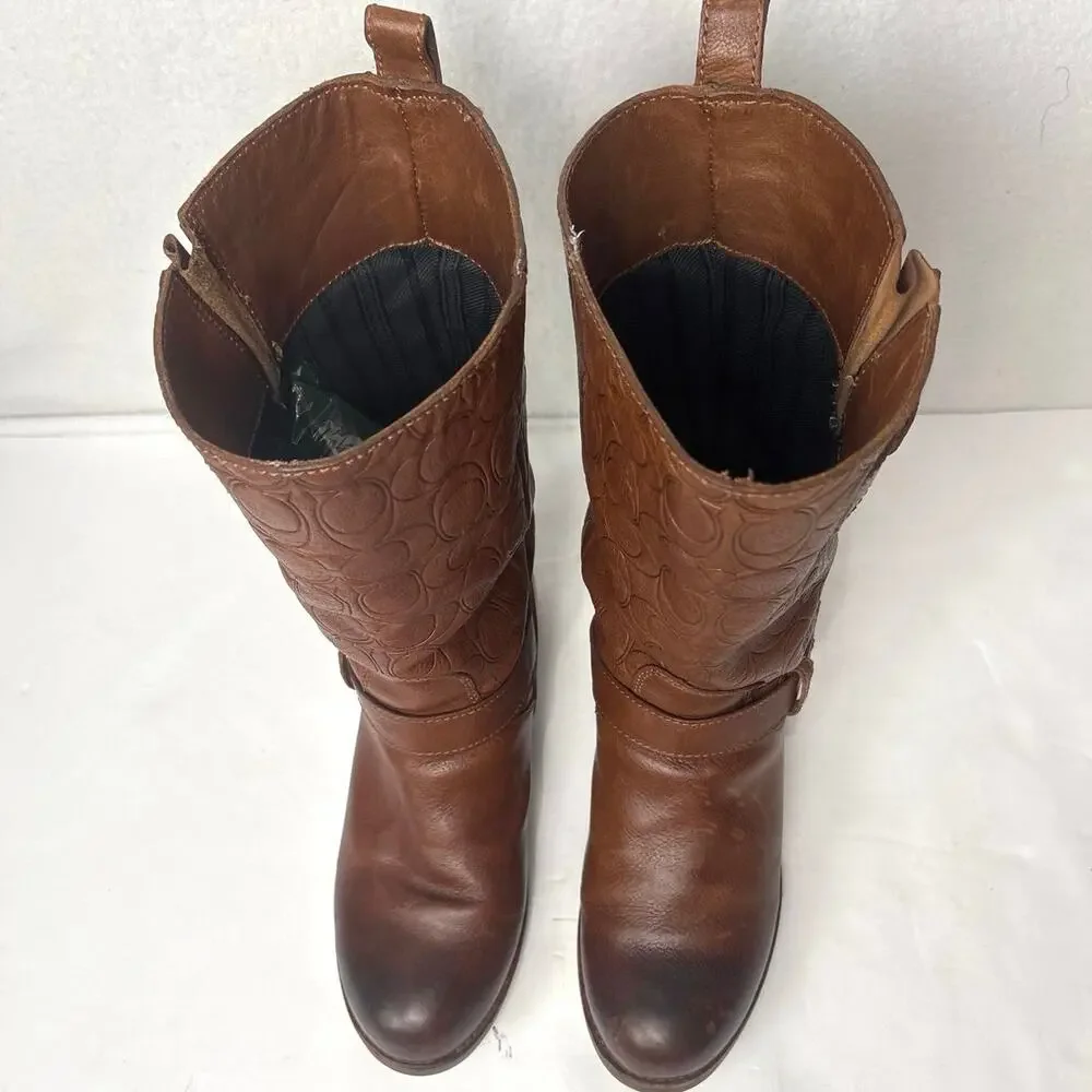 Coach Virginia Embossed Logo Women Boots Size 8 Brown Leather Tall Boots